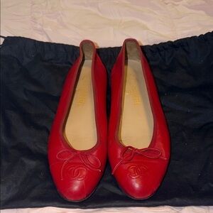 CHANEL Red Leather Ballet Flats 38